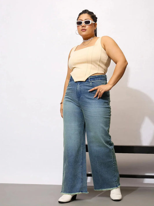 Women Blue Denim Acid Wash Raw Hem Straight Jeans 1200