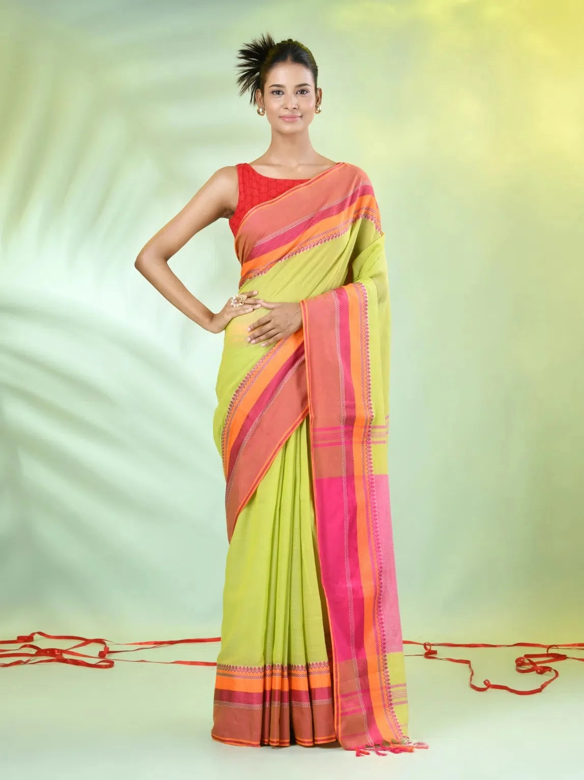 Light Green Cotton Saree: Indian Sari with Temple Border