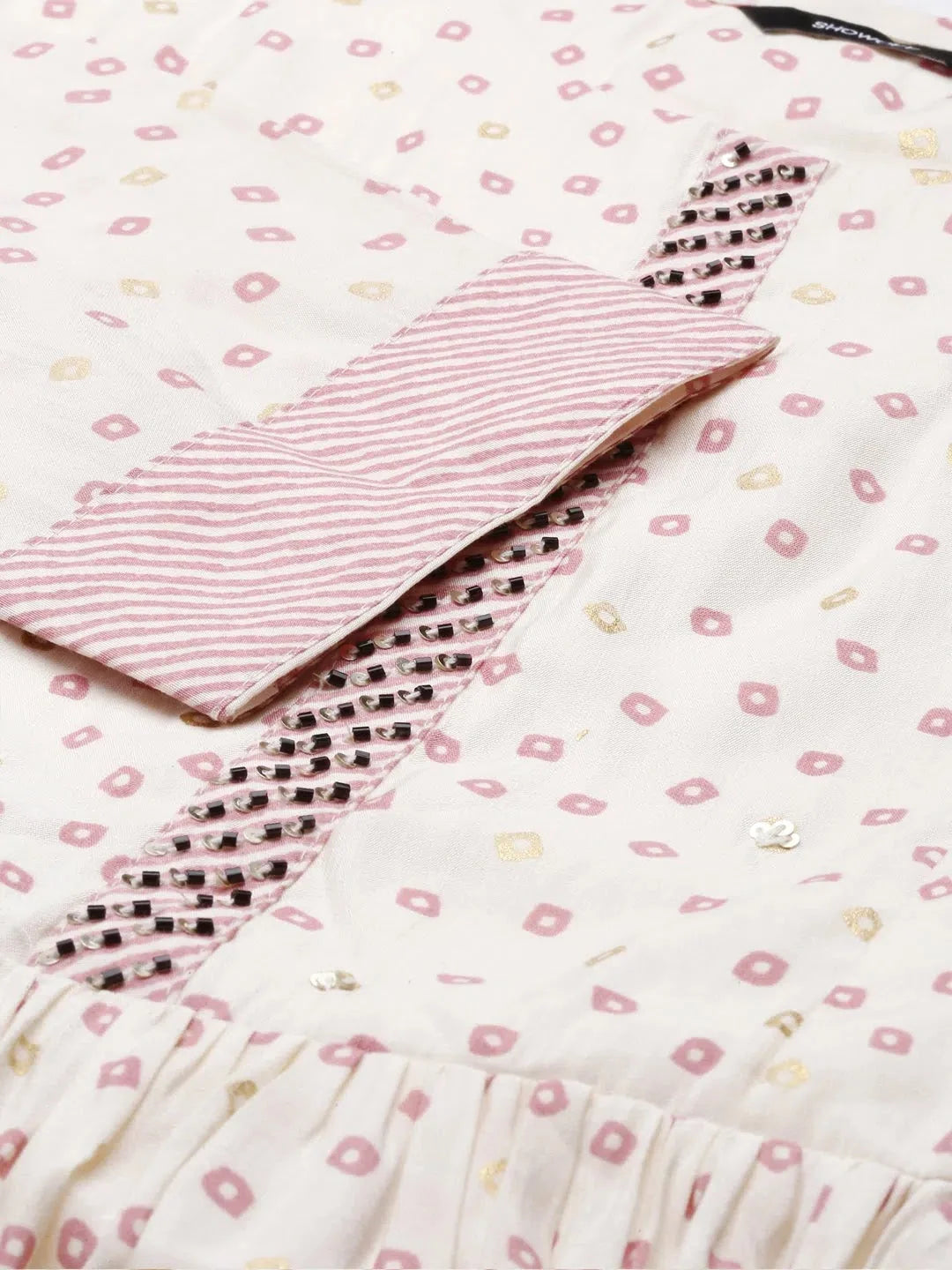 Cream Bandhini Print Cotton Indian Kurta Sets | Showoff