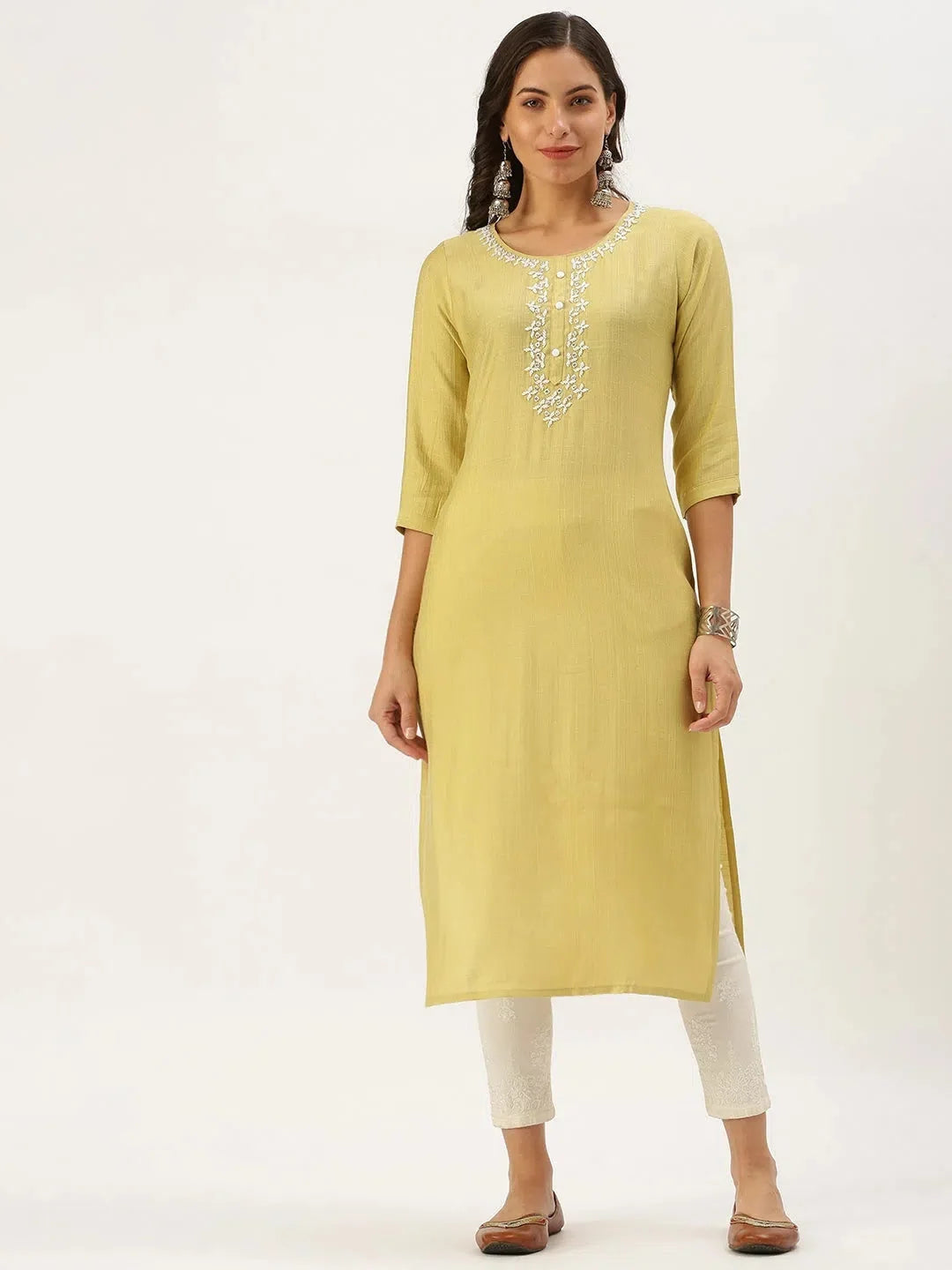 Yellow Embellished Indian Kurta - Cotton Kurti for Women