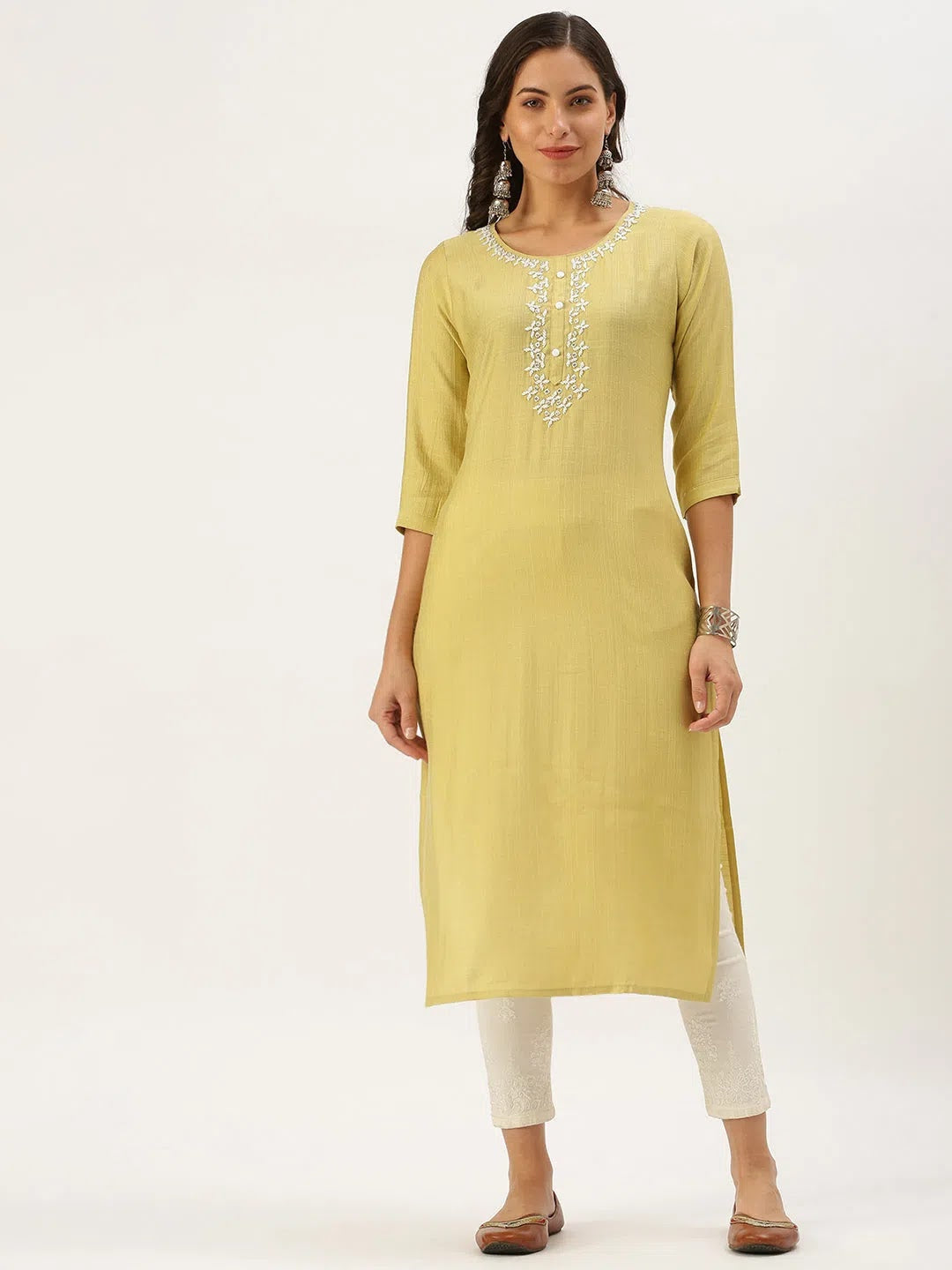 Yellow Embellished Indian Kurta - Cotton Kurti for Women