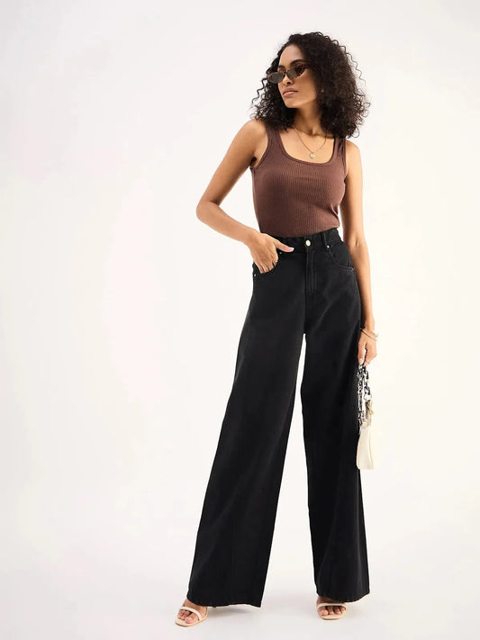 Women Black Seam Detail Wide Leg Jeans 1200