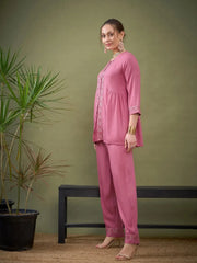 Women Pink Front Embroidered Shirt With Palazzos