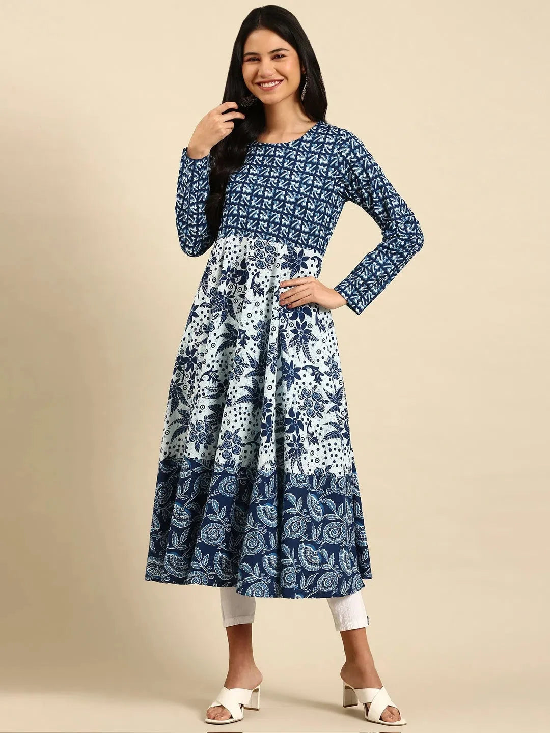 Navy Blue Printed Anarkali Kurti | Cotton Anarkali Kurta Online
