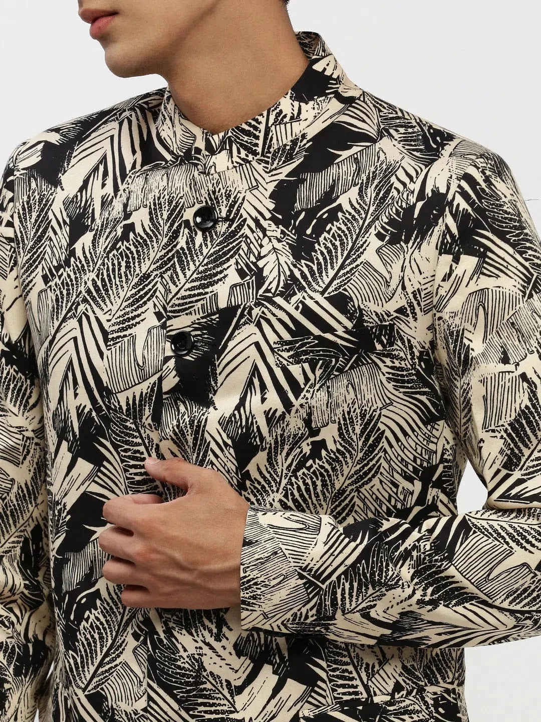 Beige Printed Men's Ethnic Wear Blazer | DesiQlo