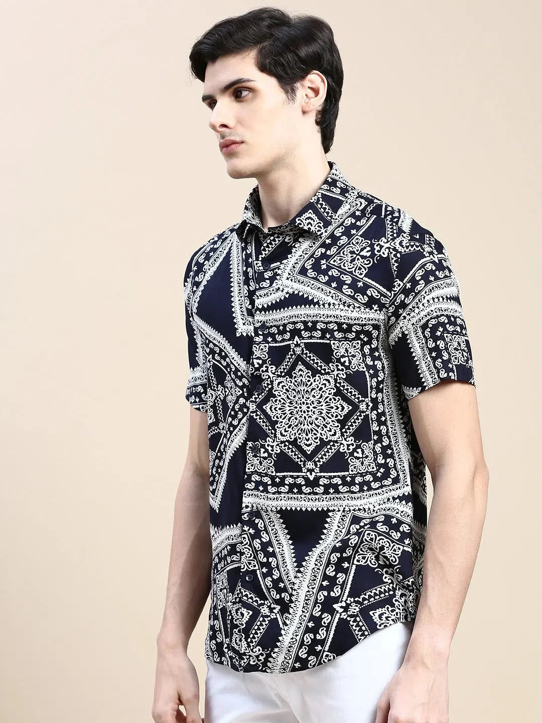 Navy Printed Mens Shirt - Cotton Ethnic Motif Casual Shirt