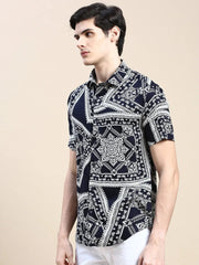 Men Navy Printed Casual Shirt-GEORGE-1637-Navyblue