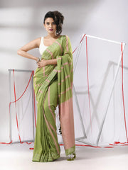 Green Cotton Saree With Stripes Design-MA55CT06530016