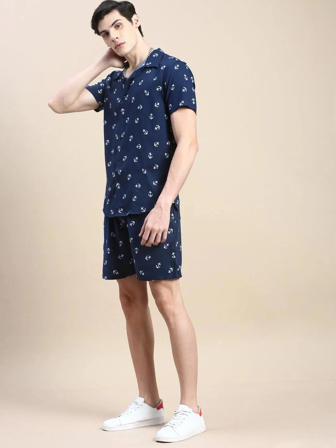 Men's Navy Printed Casual Co ord Set | Cotton Two Piece Sets