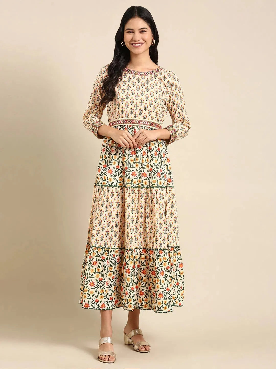Beige Printed Anarkali Kurta - Women's Cotton Anarkali Dress