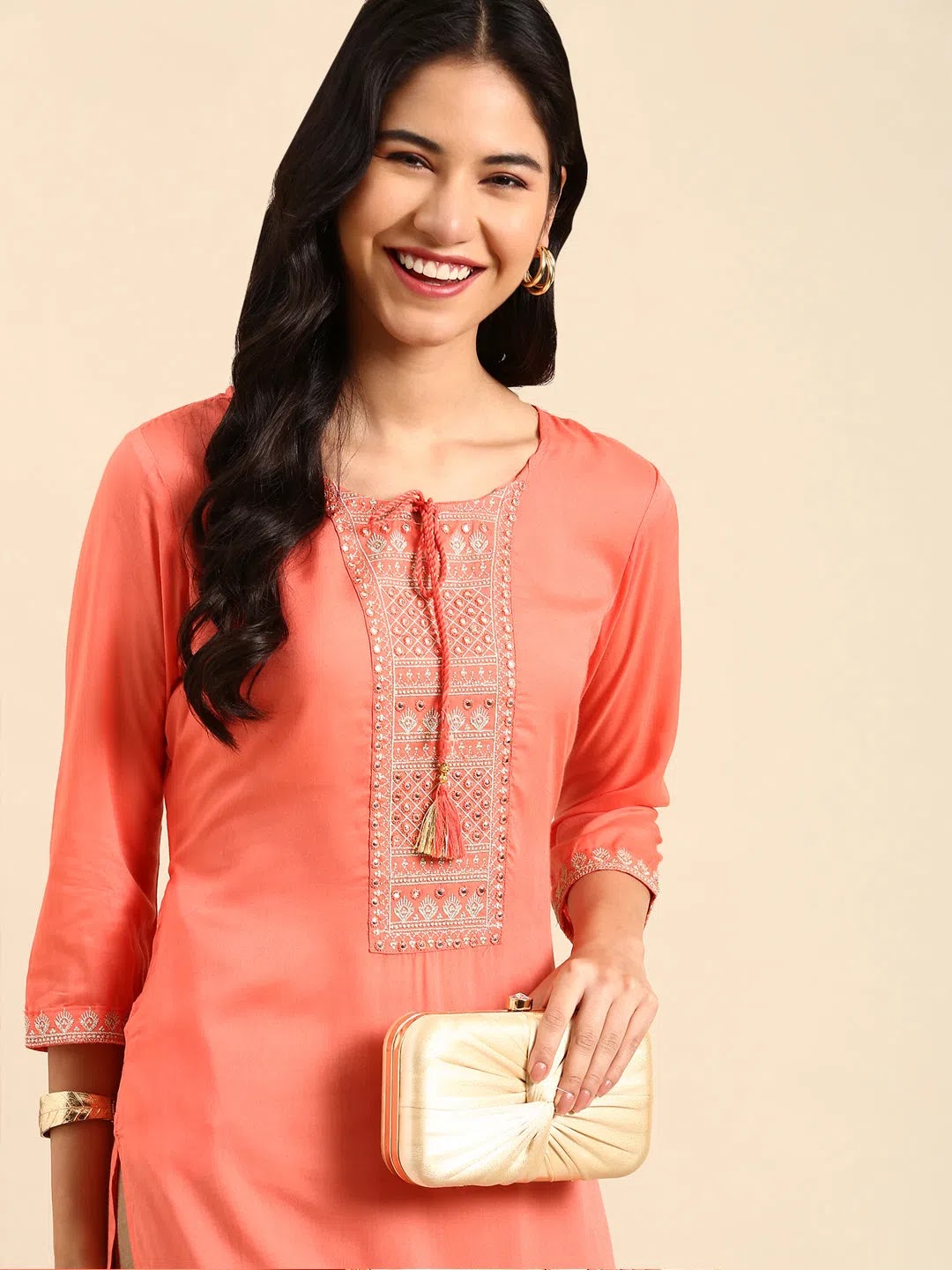 Pink Printed Polyester Kurta | Indian Kurtas for Ladies