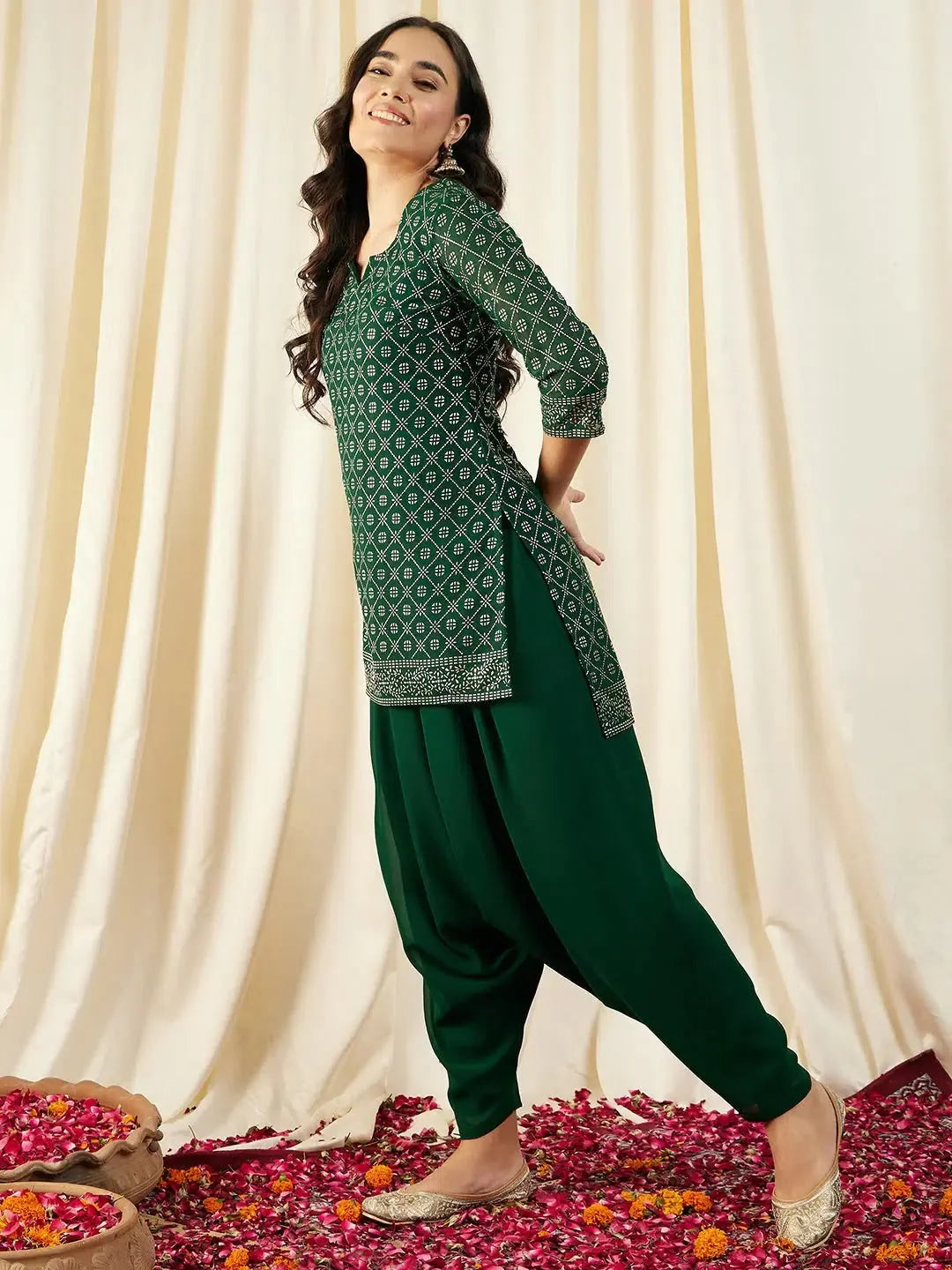Green Short Kurta with Dhoti | Modern Polyester Tops & Shirts