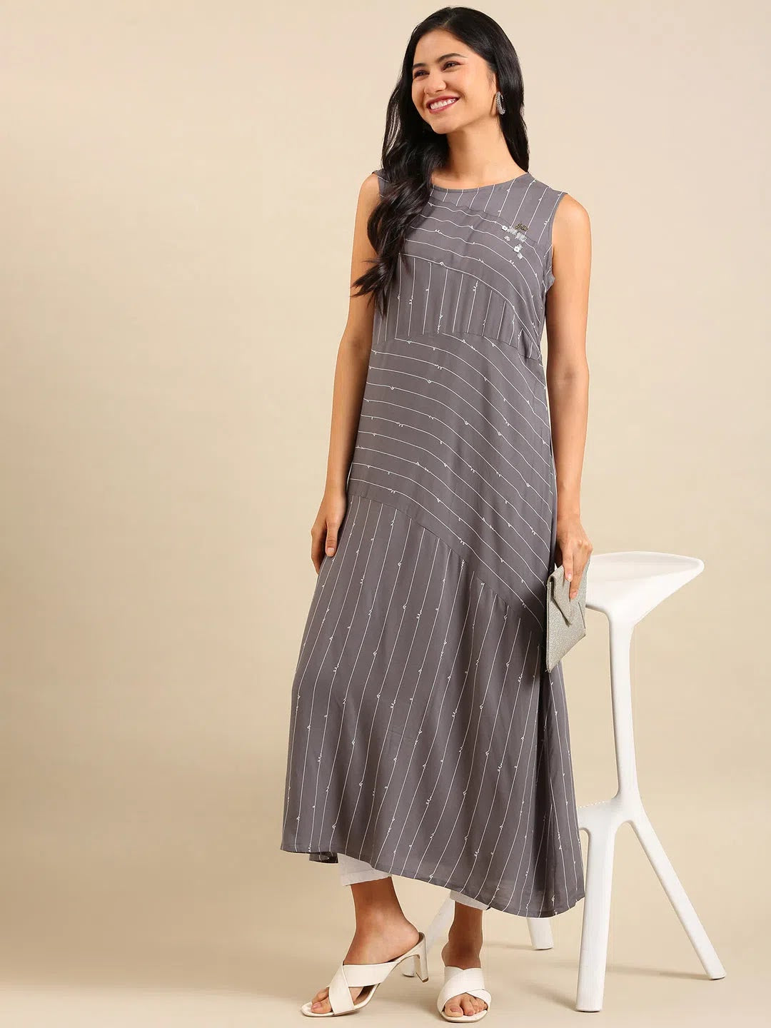 Grey Striped Kurta | A-Line Indian Kurtis | DesiQlo Fashion