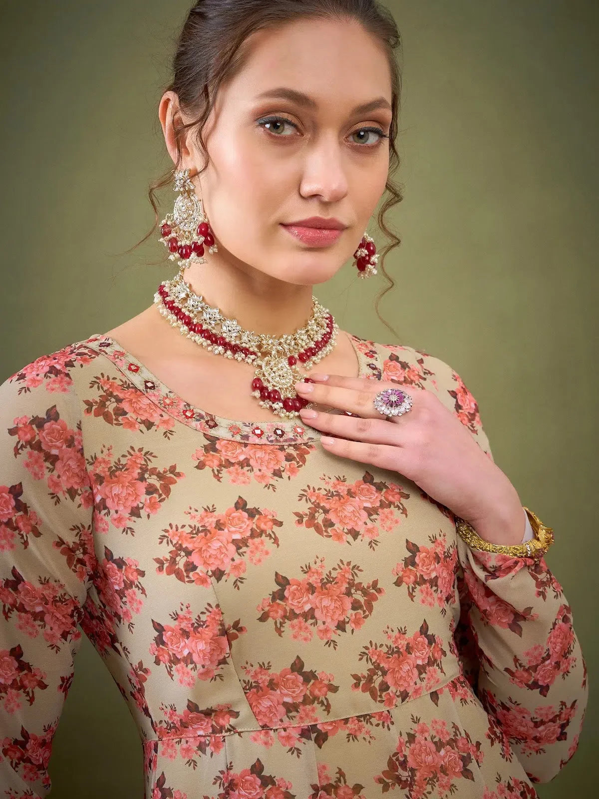 Beige Floral Anarkali Kurta for Women - Elegant Anarkali Dress