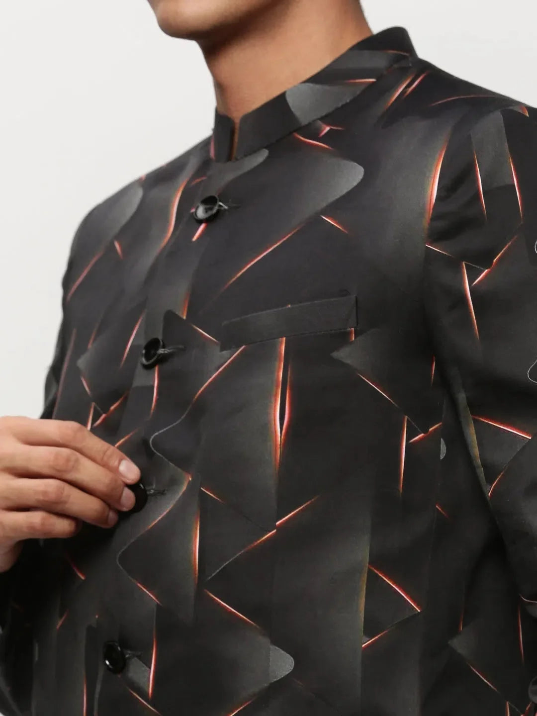 Black Printed Men's Ethnic Wear Cotton Casual Blazer | DesiQlo