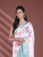 Off White Floral Print Silk Soft Saree With Zari Border-MA60BSL01770002