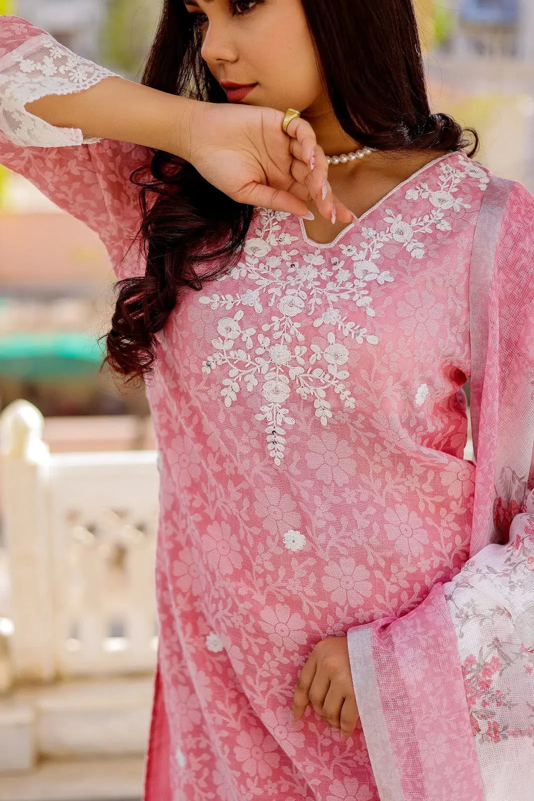 Candy Pink Linen Floral Kurta Set with Dupatta | Women's Kurtas