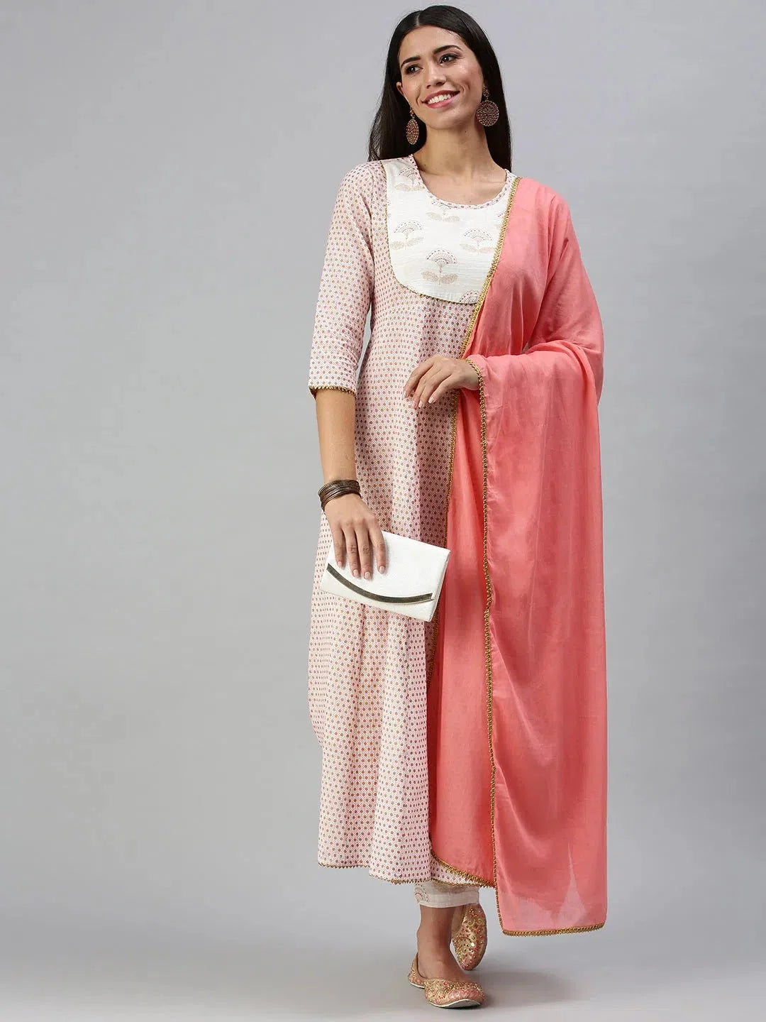 White & Pink Printed Women's Kurta Sets | Cotton Kurta Sets