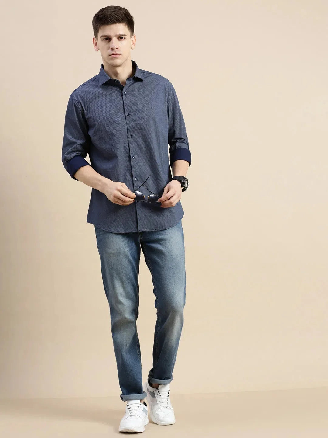 Navy Polka Dot Mens Shirt | Casual Printed Shirt - DesiQlo