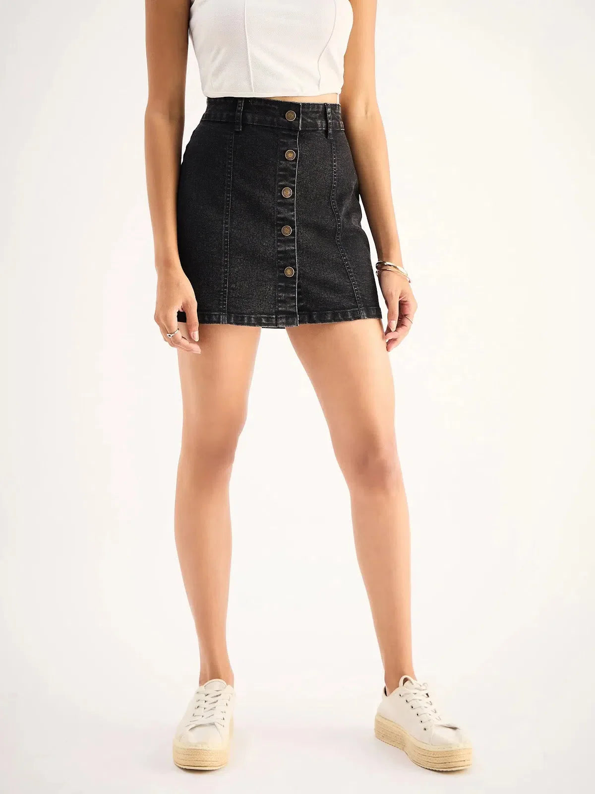 Black Denim Mini Skirt: Women's A-Line Button Front Skirt