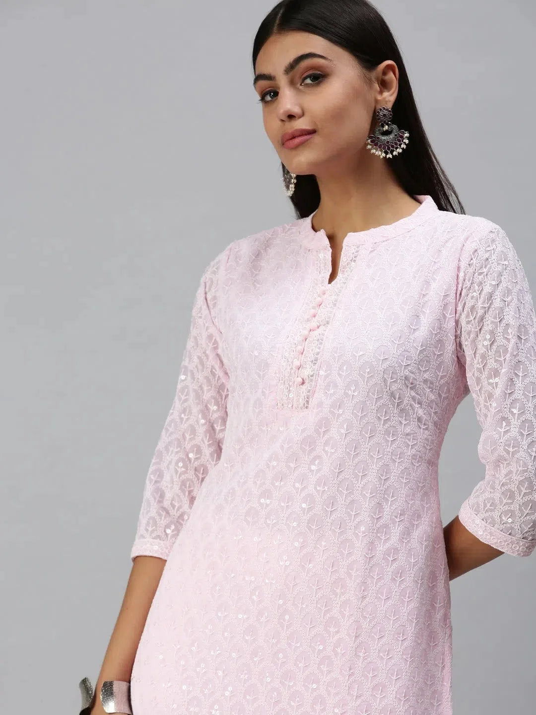 Pink Embroidered Nylon Kurta- Stylish Indian Kurta for Women