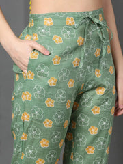 Women Green Cotton Printed Anarkali Kurta Pant Set-VKSET1505