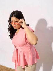 Women Peach Front Knot Peplum Top
