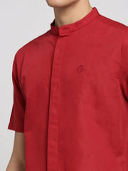 Men Red Mandarin Collar Solid Shirt-OSLOLINEN-30-Red