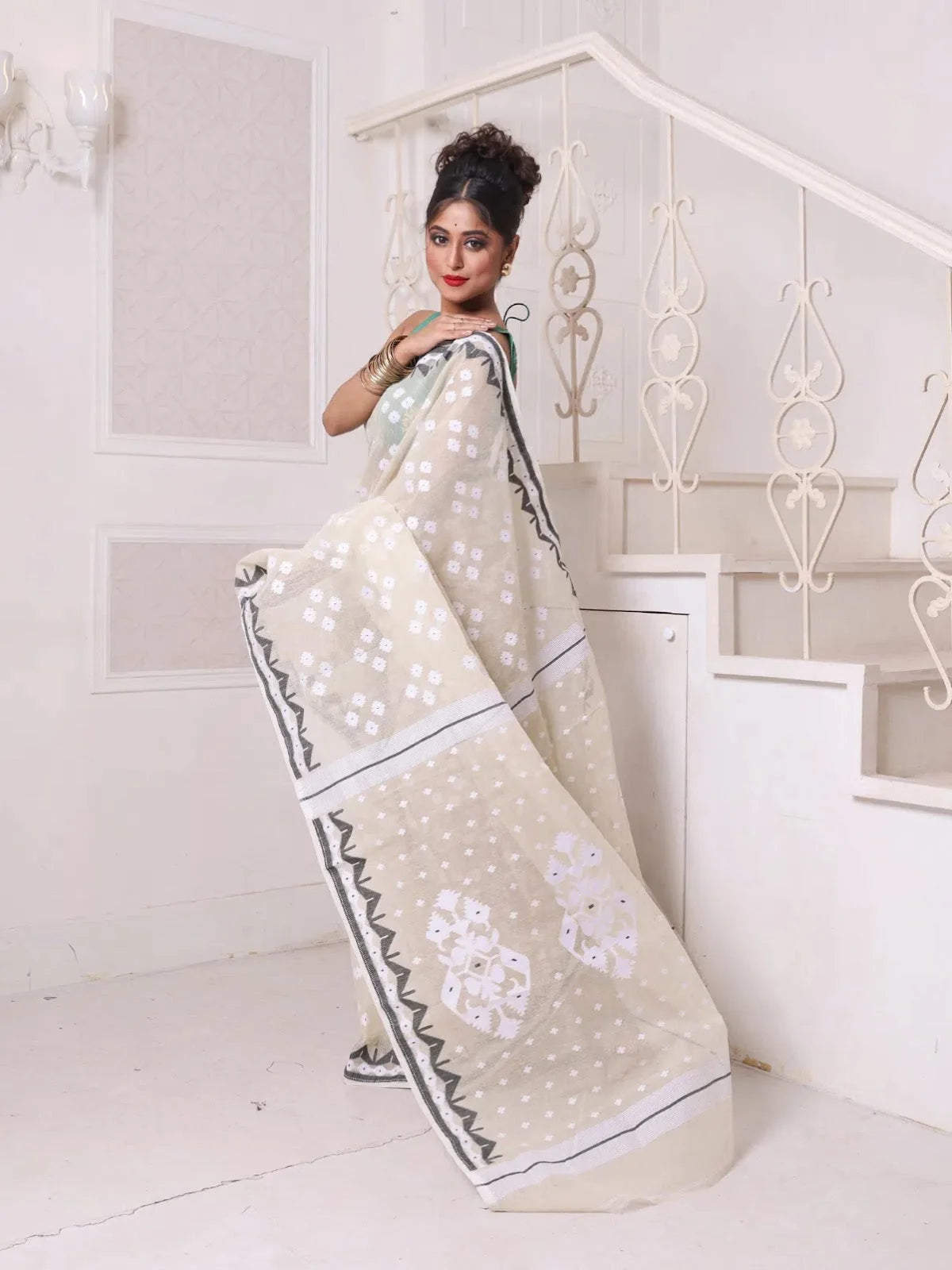 Beige Cotton Jamdani Saree | Designer Sarees India