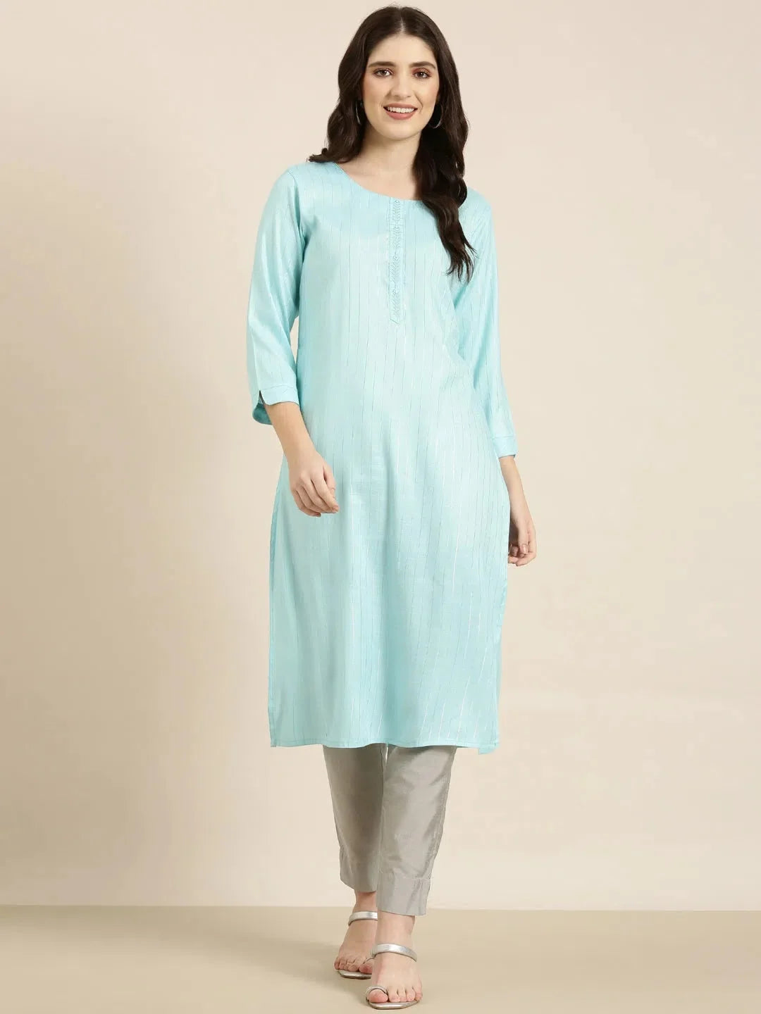 Stylish Blue Striped Kurta - Women's Cotton Indian Kurtis