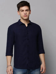 Men Navy Solid Casual Shirt-HARDIKPURELINEN-3420-Navyblue