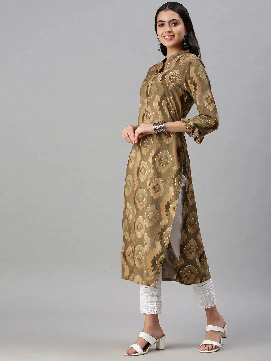 Olive Printed Cotton Kurta | Indian Kurtis for Women Online