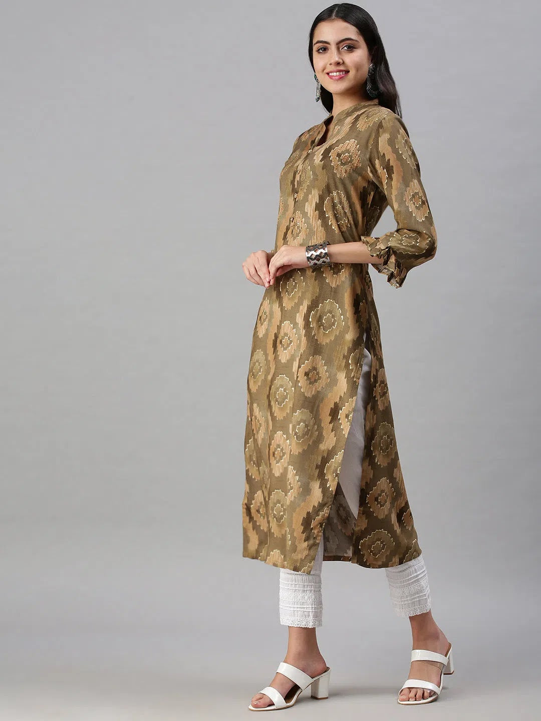 Olive Printed Cotton Kurta | Indian Kurtis for Women Online