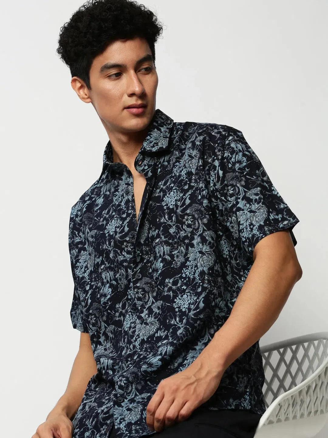 Navy Floral Mens Shirt - Cotton Casual Shirt | DesiQlo