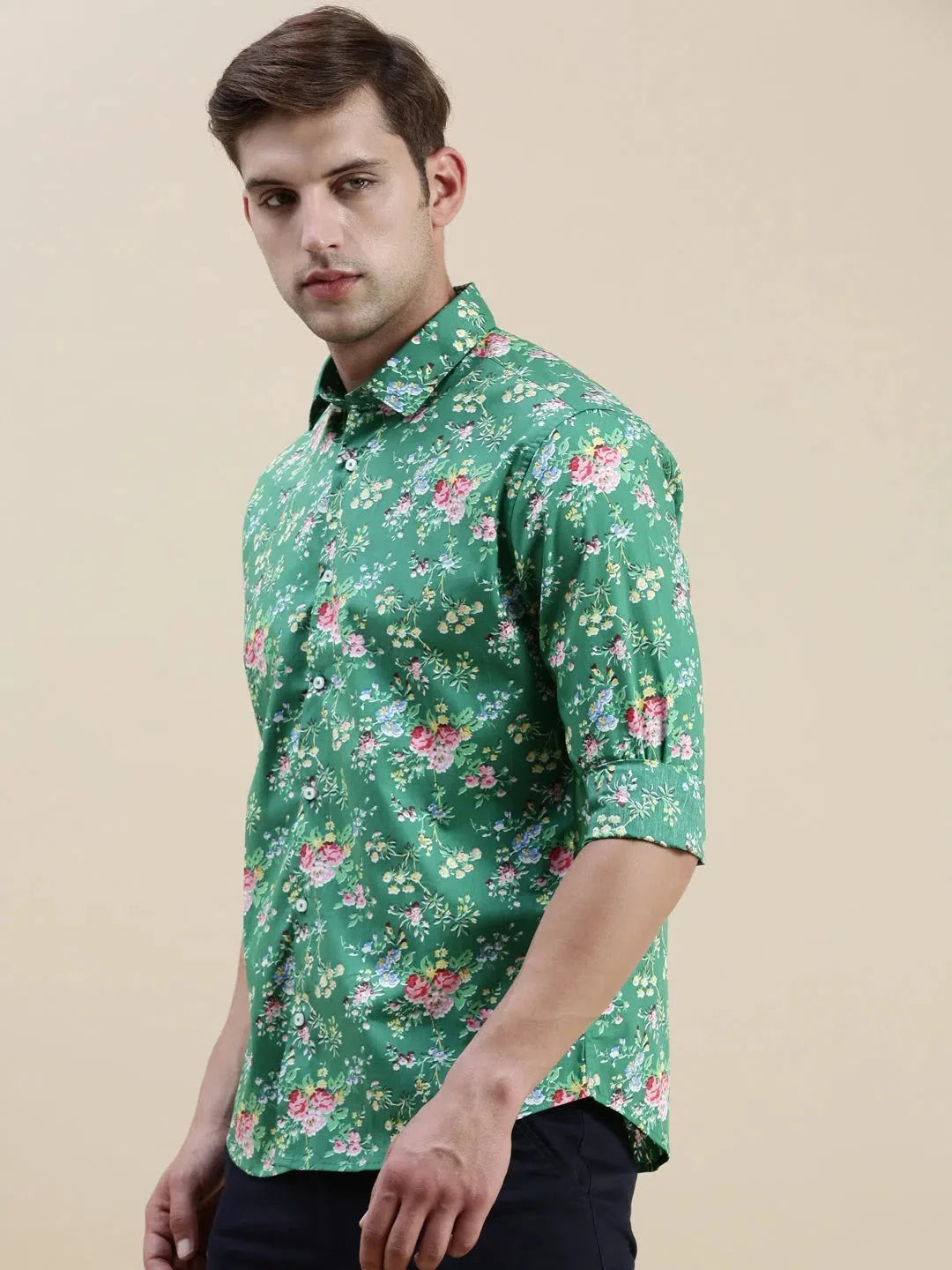Green Floral Mens Shirt - Printed Cotton Shirt by DesiQlo