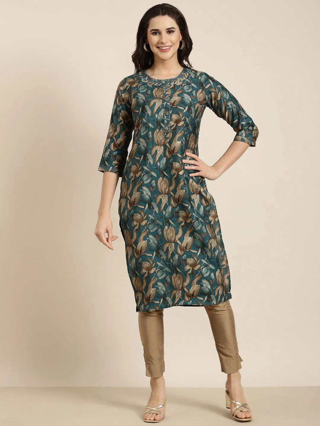 Teal Floral Print Indian Kurta - Women's Cotton Kurta