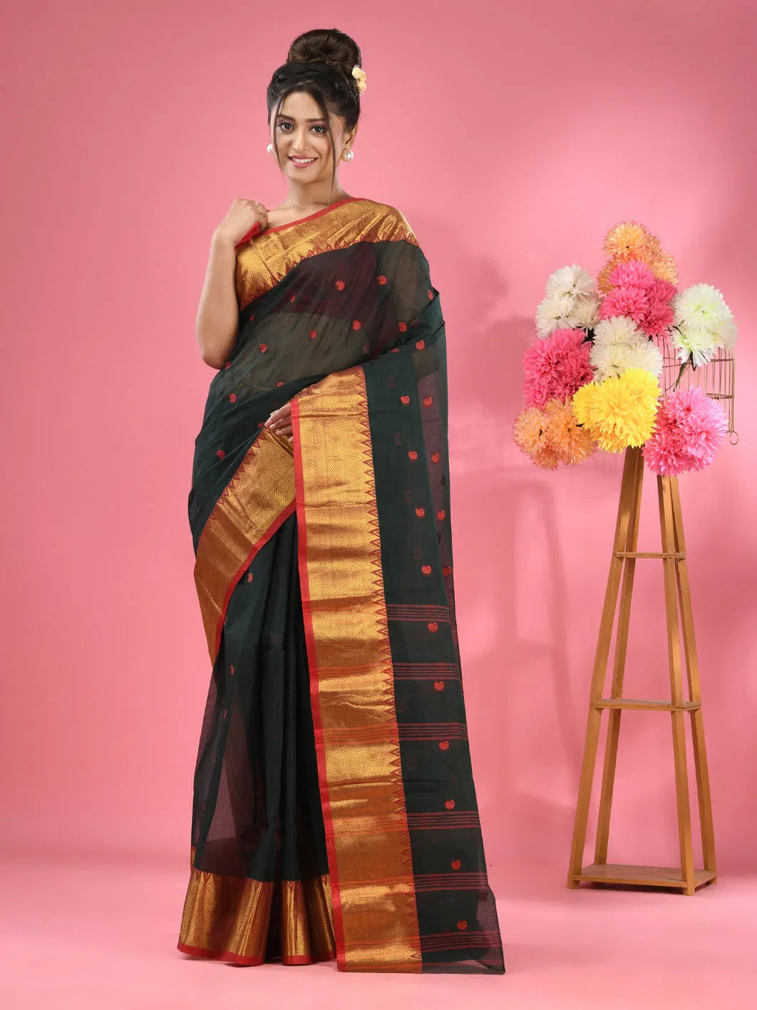 Dark Green Cotton Tant Saree | Indian Sarees