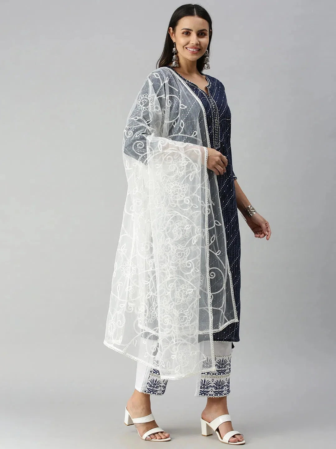 Navy Blue & White Geometric Women's Kurta Sets | Showoff