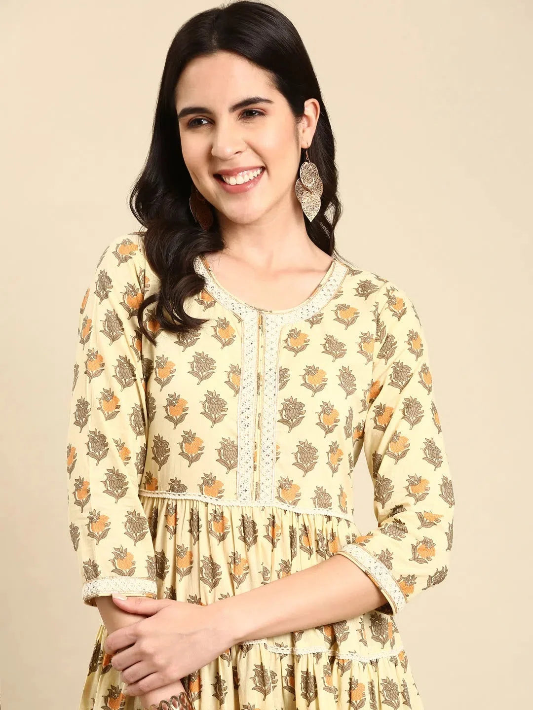 Cream Printed Anarkali Kurta for Women - DesiQlo