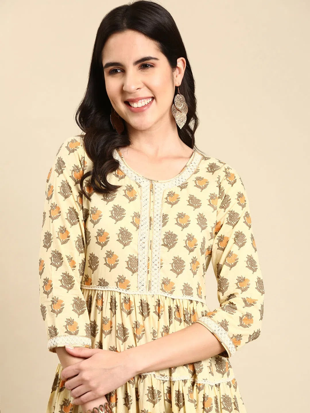 Cream Printed Anarkali Kurta for Women - DesiQlo