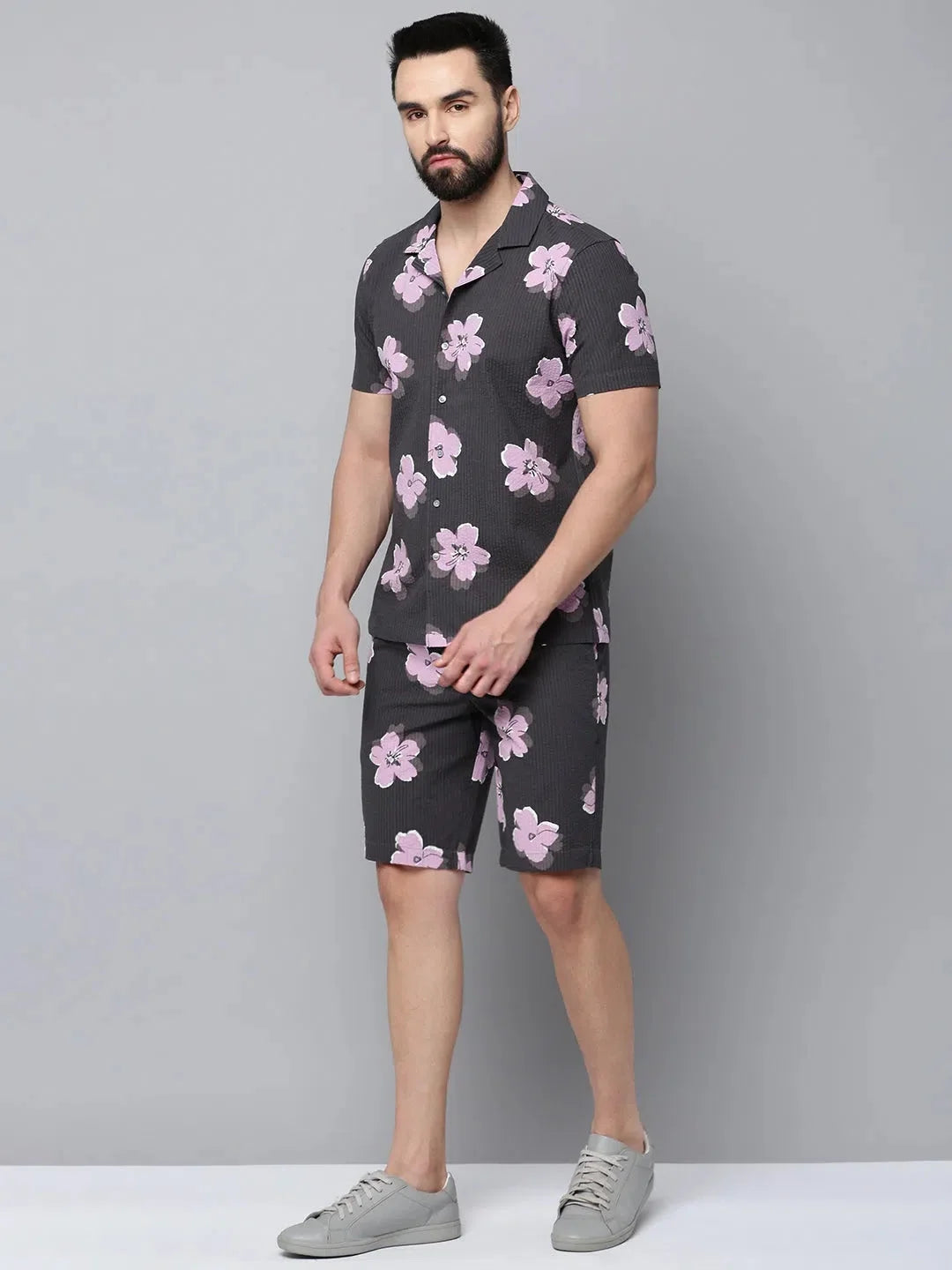 Grey Printed Cotton Casual Mens Co Ord Sets | Showoff