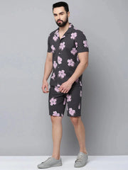 Men Grey Printed Casual Co-Ord Set-BLUEVIBES-0618-Grey