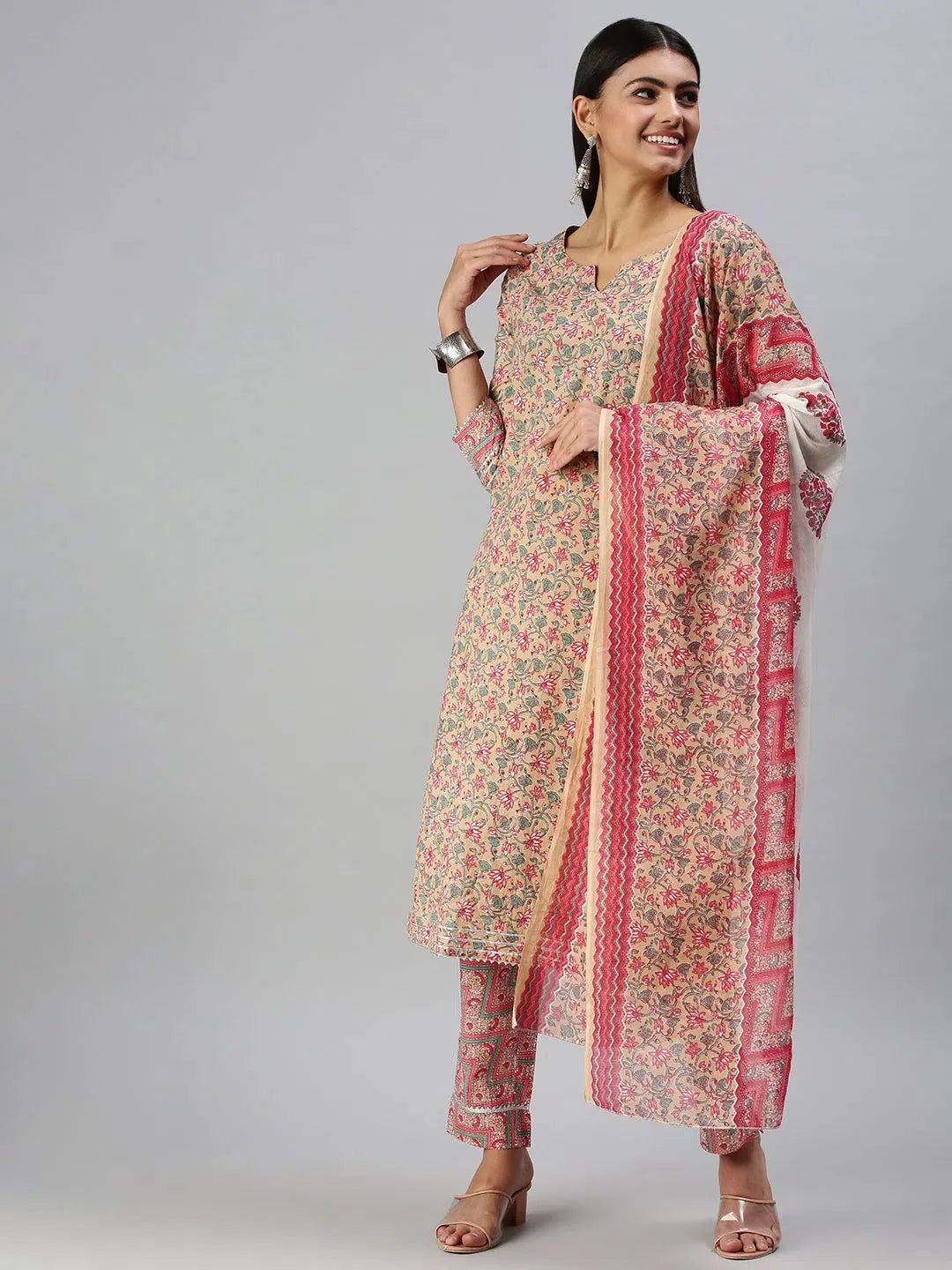 Beige Printed Kurta Sets - Women's Cotton Kurta Sets