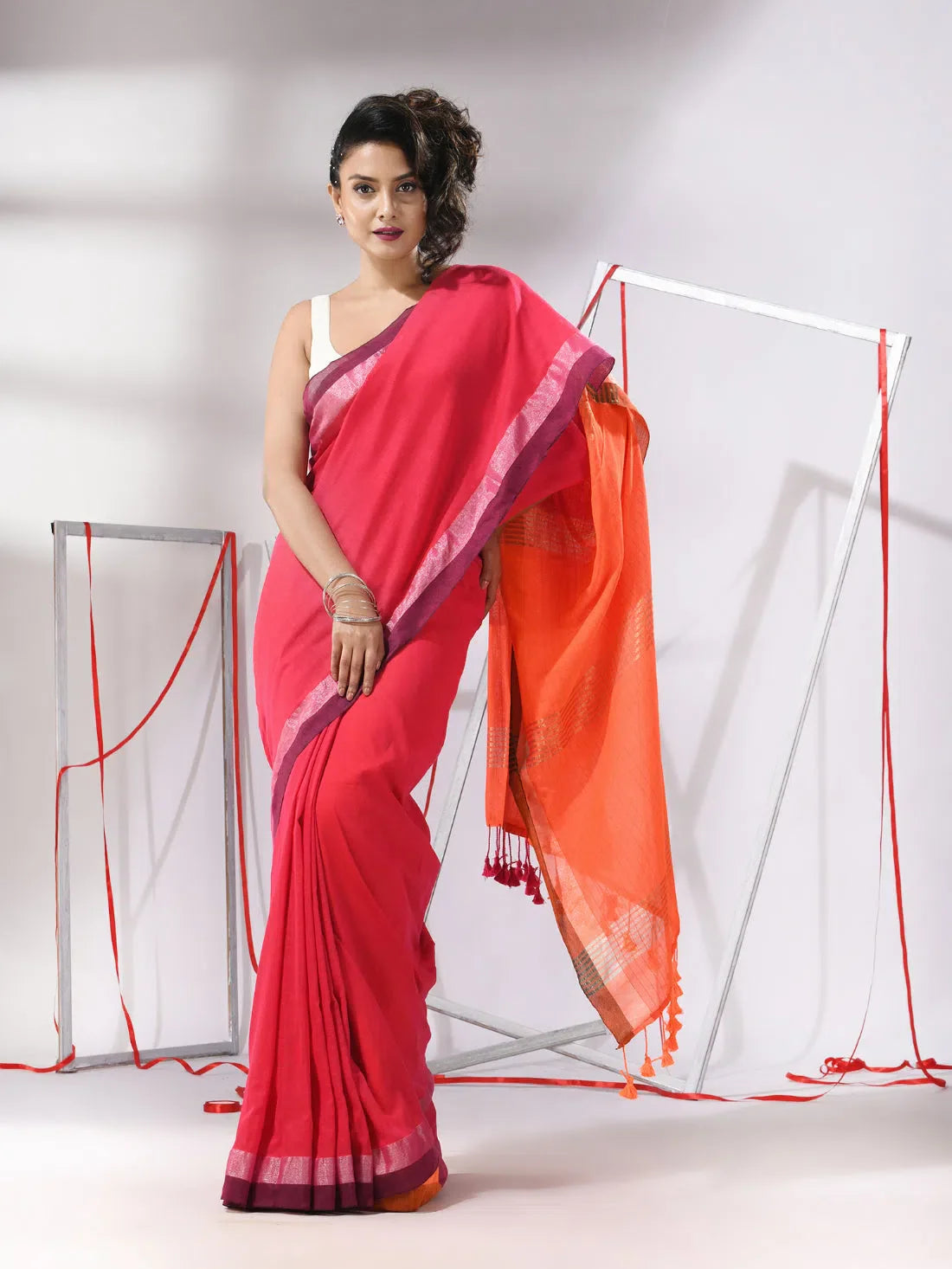Pink Cotton Saree With Sripe Design And Dual Border-MA55CT06540084