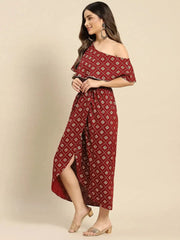 One Shoulder yoke overlap printed dress in Maroon