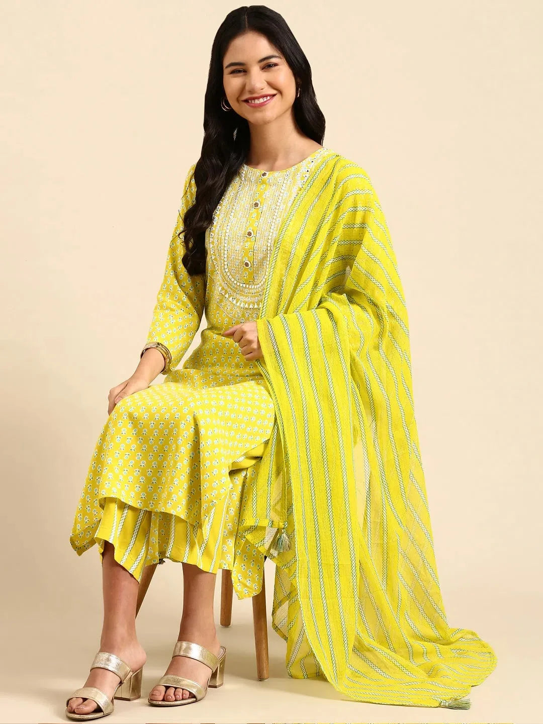 Lime Green Floral Women's Kurta Set | Cotton Kurta Sets
