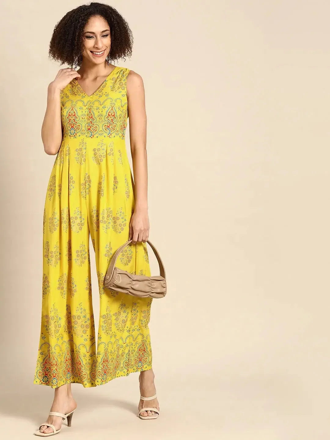 Yellow Print V-Neck Jumpsuit | Trendy Shirts & Tops Online