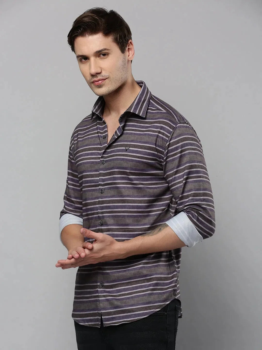 Men's Striped Shirt - Grey Cotton Casual Shirt | DesiQlo