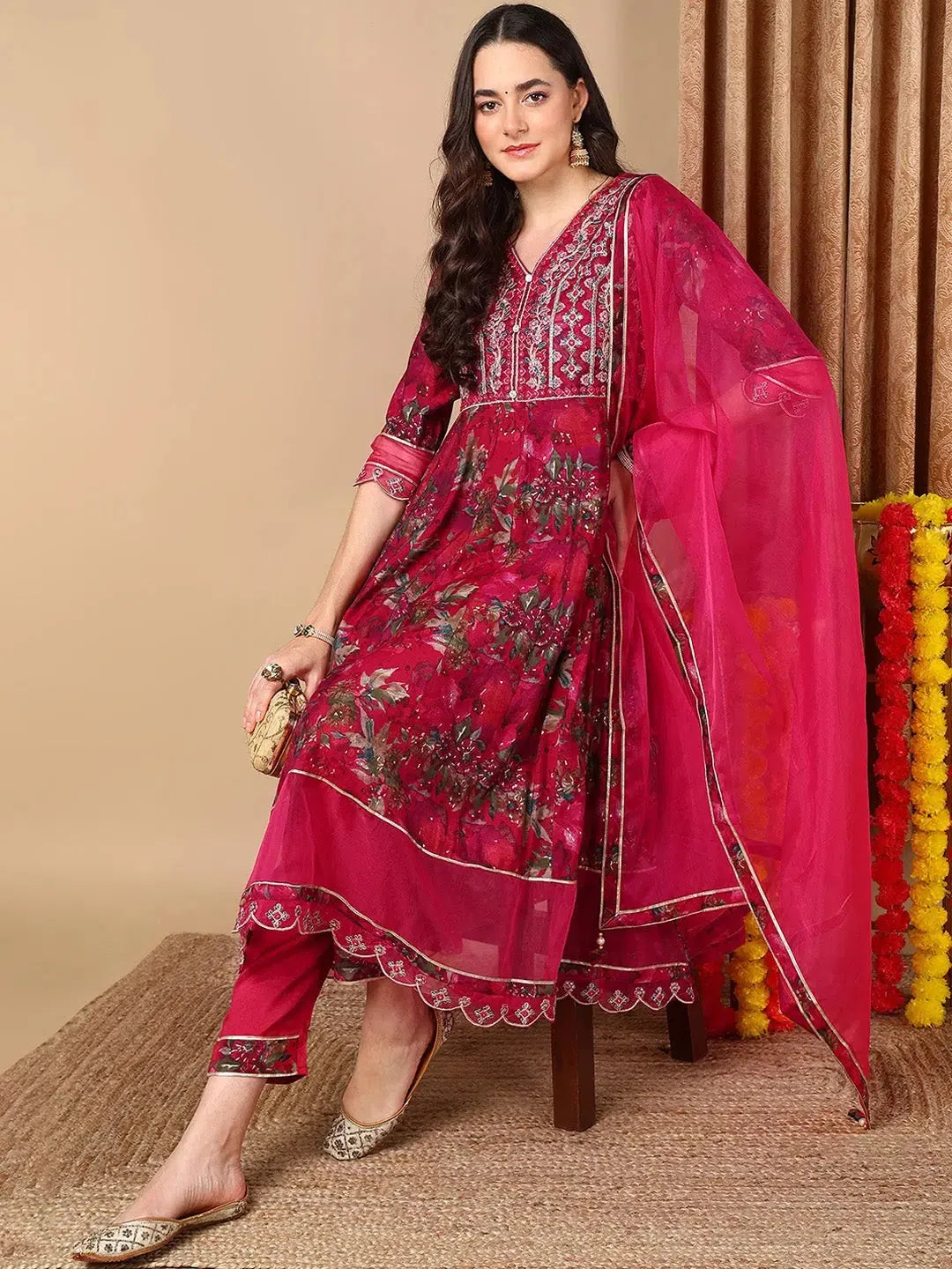 Magenta Printed Anarkali Kurta Pant Set - Cotton Kurta Sets