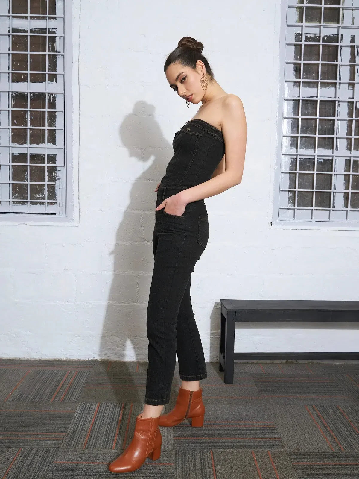 Black Denim Corset Jumpsuit - Women's One-Piece Outfit